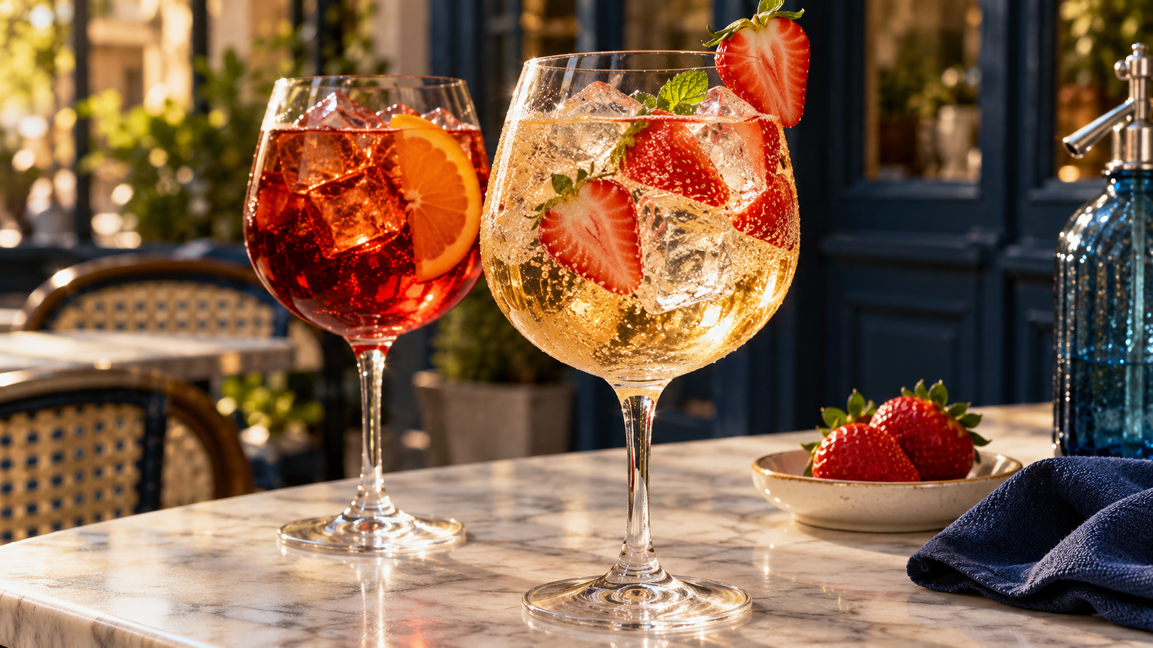 Copas de aperitivo: Rosso con naranja y Bianco con frutillas frescas y hielo