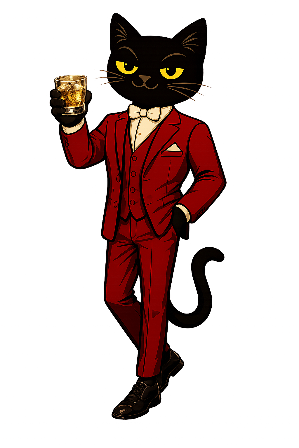 El viejo gato, nuestra mascota, con traje rojo y una copa en la mano