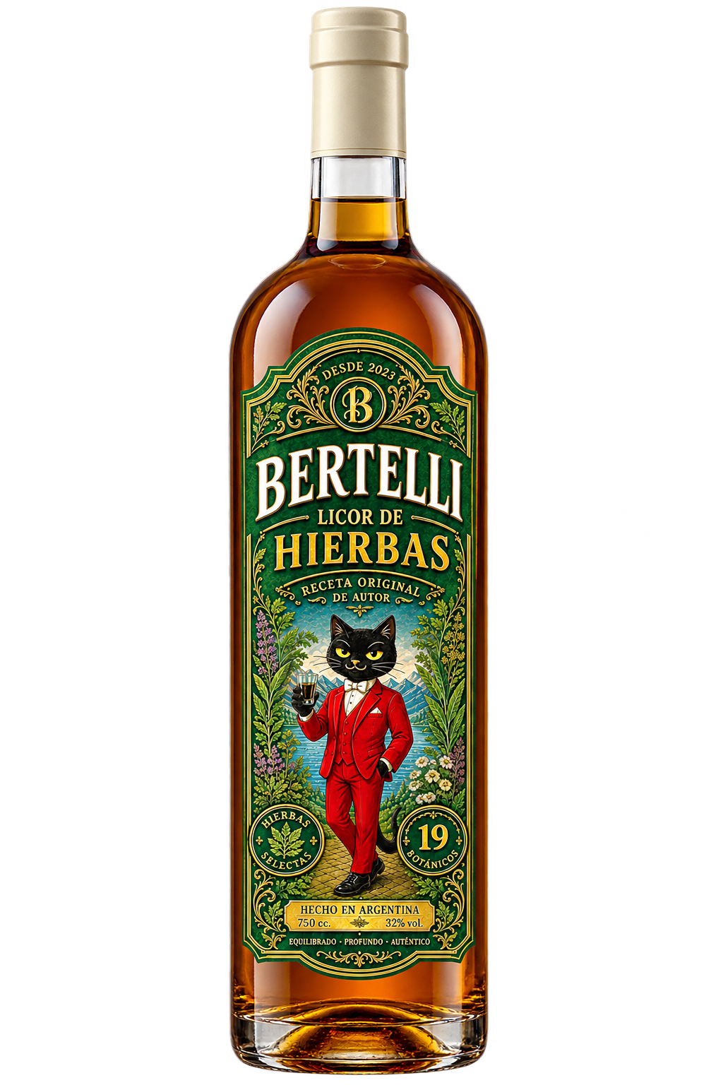Bertelli Licor de Hierbas, botella transparente con tapón crema y etiqueta del gato